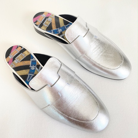 HERMES H CATENA SILVER LEATHER MULES FLIP FLOPS SHOES FLAT SLIDES 35.5 - Picture 2 of 16
